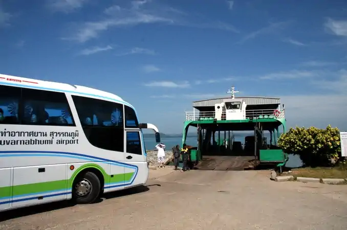 Bus 392 to Koh Chang preparing to get onto the centerpoint ferry at Laem Ngop